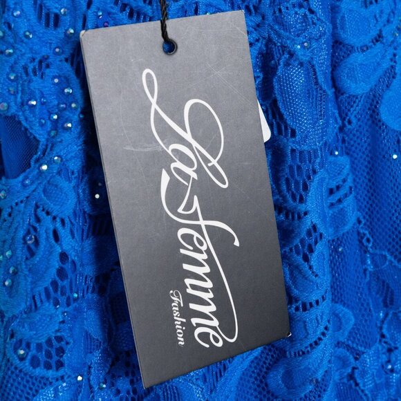La Femme Prom Maxi Dress 28355 Mermaid Lace Rhinestone Blue - Picture 12 of 15